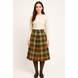 1960s Plaid Pleated Knee-Length Skirt with Side Zipper fall colors size small